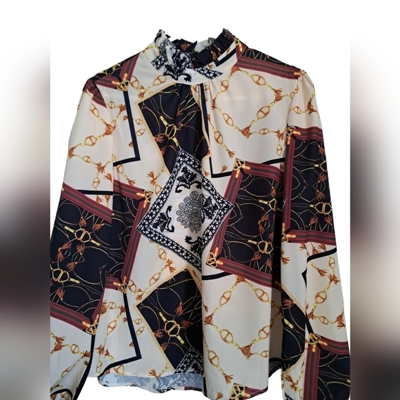 Ladies lightweight blouse high neck ruffle western abstract BOHO SHIRT size LG - Picture 2 of 8